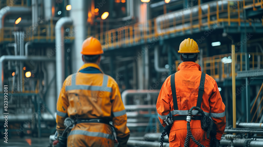Two men in orange safety vests are talking to each other. They are wearing hard hats and safety glasses Two men in orange safety vests are talking to each other. They are wearing hard hats and safety glasses