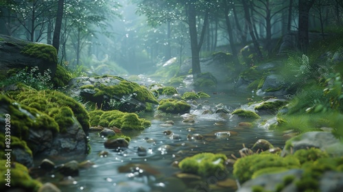 Top of the line CG  surreal photography.Mossy stones along a forest stream after a rainstorm. beautiful  romantic  and beautiful lighting. Blue sky  ultra-high definition  front view  Nikon
