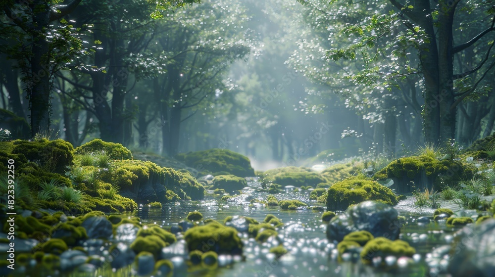 Obraz premium Top of the line CG, surreal photography.Mossy stones along a forest stream after a rainstorm. beautiful, romantic, and beautiful lighting. Blue sky, ultra-high definition, front view, Nikon