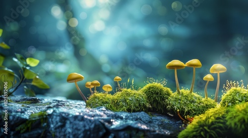 Top of the line CG, surreal photography.Wet moss on stones with tiny mushrooms sprouting. beautiful, romantic, and beautiful lighting. Blue sky, ultra-high definition, front view, Nikon photography, photo