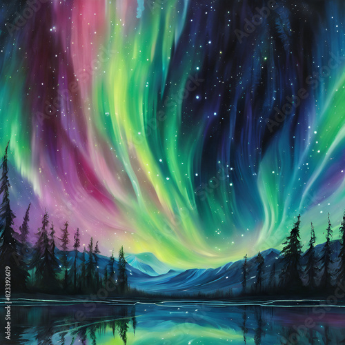 A painting of a aurora bore with trees and stars  