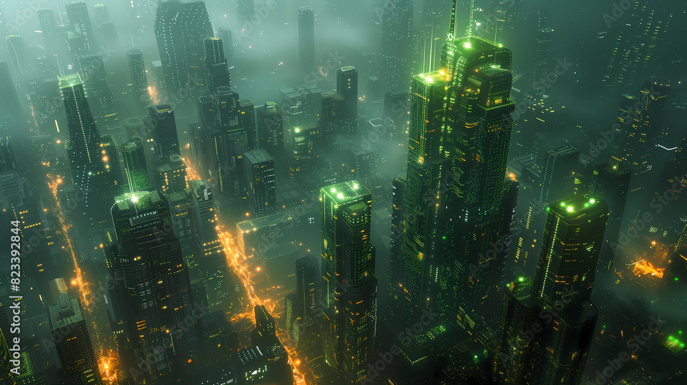 Fototapeta premium Futuristic City Concept Illustration in a Mystical Haze. Landscape with skyscrapers and transport lines.