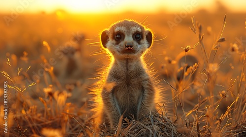 the sundrenched savannahs of Tanzania a playful meerkat named Simba stands guard over his burrow his sharp eyes scanning the horizon for signs of danger as his family forages nearby photo