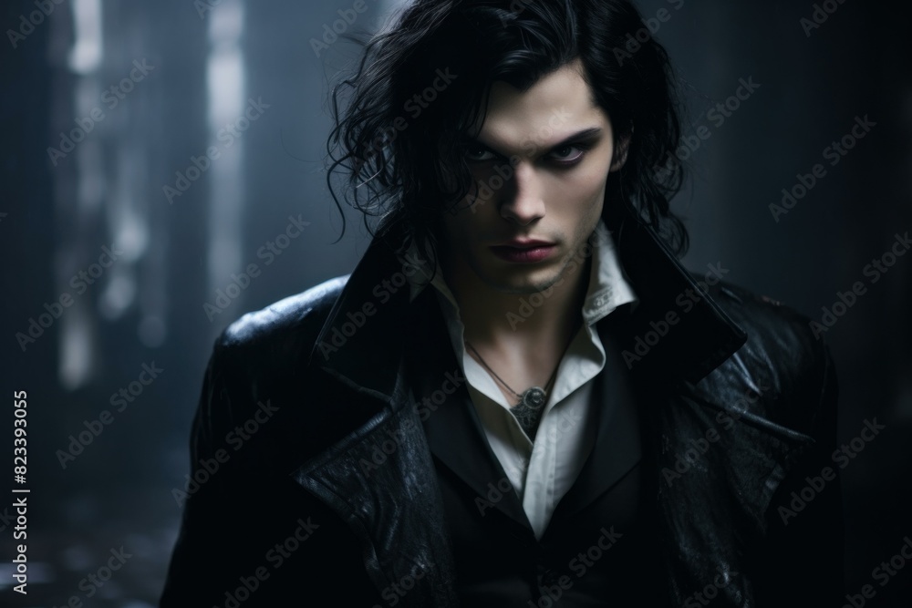 Brooding young man with long hair stands in a shadowy, enigmatic setting Brooding young man with long hair stands in a shadowy, enigmatic setting