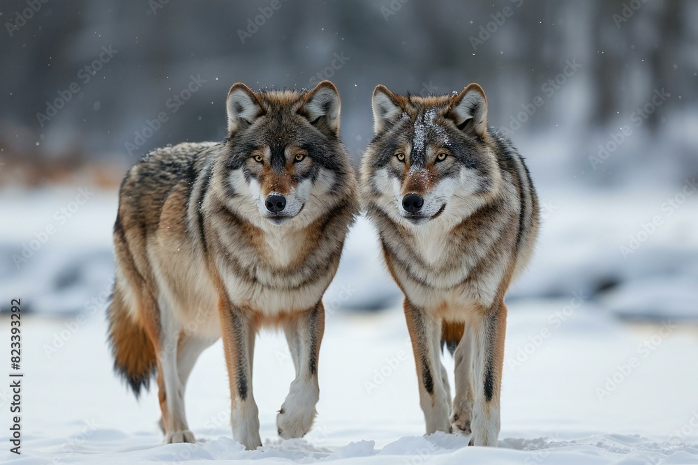 Featuring a two gray wolves walking on snow with white background