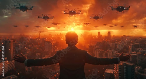 A leader orchestrating a harmonious ballet of drones in the sky, symbolizing innovation and control photo