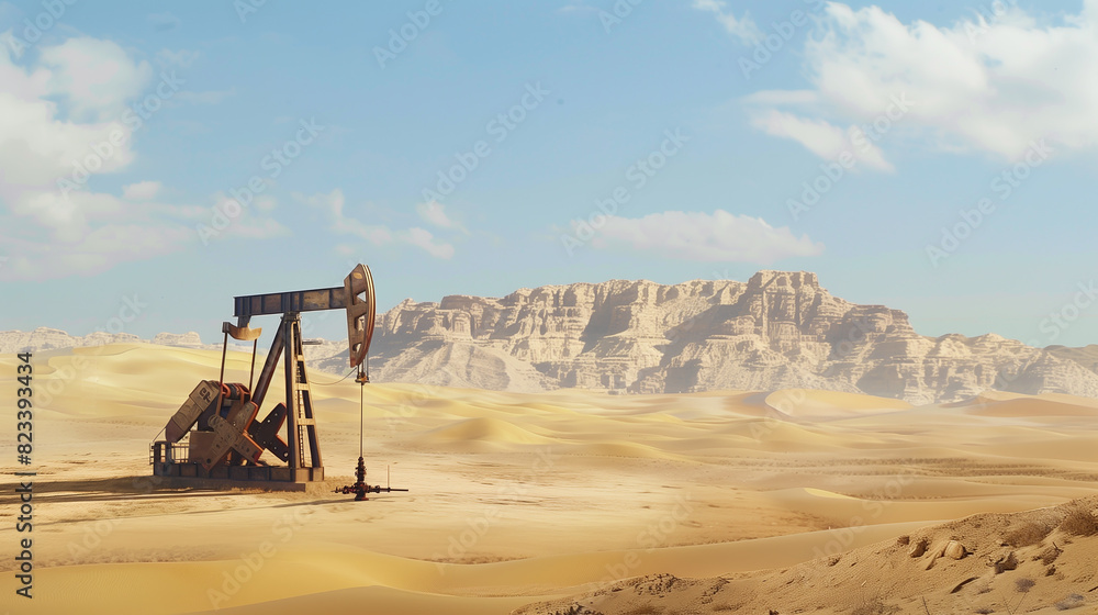 A large oil rig is in the desert with a cloudy sky in the background. The scene is desolate and barren, with no signs of life. The oil rig is the only source of activity in the area