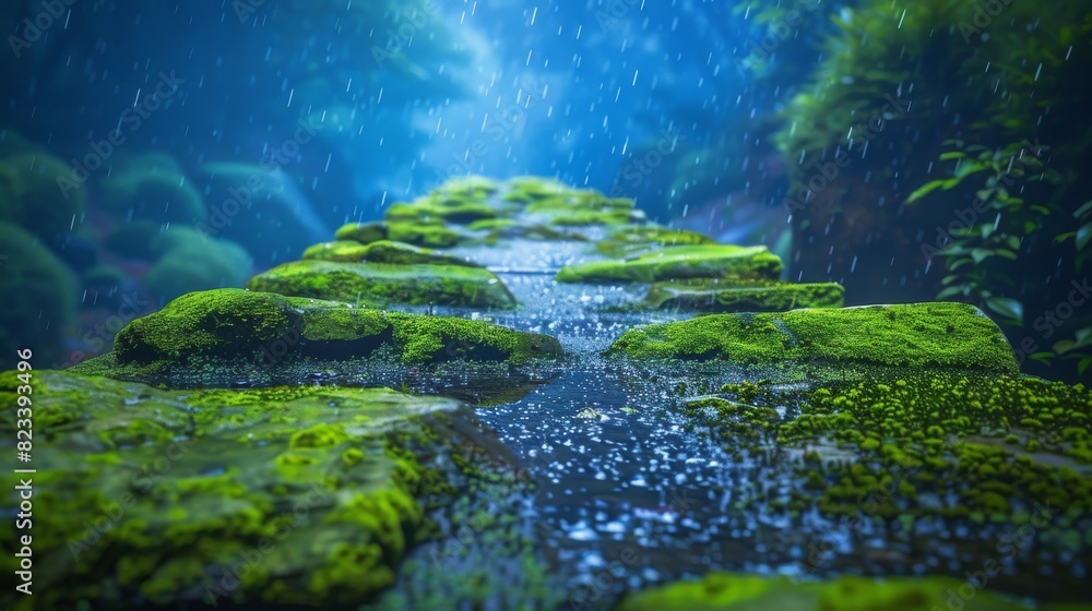 Top of the line CG, surreal photography.A mossy stone path glistening with rainwater. beautiful, romantic, and beautiful lighting. Blue sky, ultra-high definition, front view, Nikon photography, Sony Top of the line CG, surreal photography.A mossy stone path glistening with rainwater. beautiful, romantic, and beautiful lighting. Blue sky, ultra-high definition, front view, Nikon photography, Sony