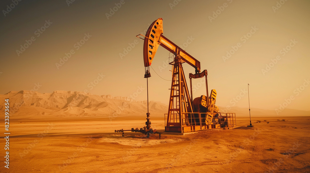 A large oil rig is in the desert with a cloudy sky in the background. The scene is desolate and barren, with no signs of life. The oil rig is the only source of activity in the area A large oil rig is in the desert with a cloudy sky in the background. The scene is desolate and barren, with no signs of life. The oil rig is the only source of activity in the area