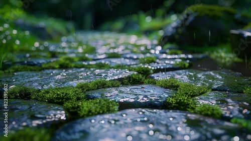 Top of the line CG  surreal photography.A mossy stone path glistening with rainwater. beautiful  romantic  and beautiful lighting. Blue sky  ultra-high definition  front view  Nikon photography  Sony
