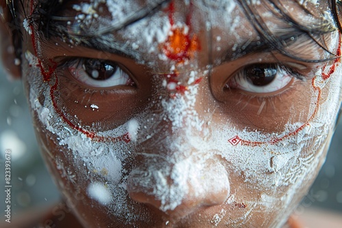 A close-up of a young devotee's face, covered in traditional white powder and marked with symbols, with an intense and focused expression during the Phuket Vegetarian Festival