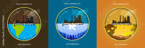 Fight pollution and Only One Earth concept abstract art collection. For World Environment day, world earth day, international mother earth day, endangered species day. Vector Illustration. Square. EPS