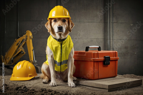 a dog wearing a bright yellow safety suit and a hard hat sitting next to a toolbox on a construction site