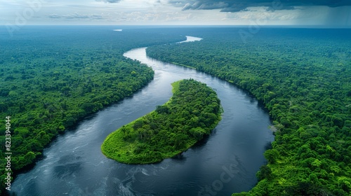 Aerial shot of a meandering river cutting through a dense forest under a partly cloudy sky