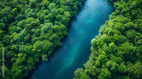 Top-down aerial view capturing a sinuous river winding through a dense green forest