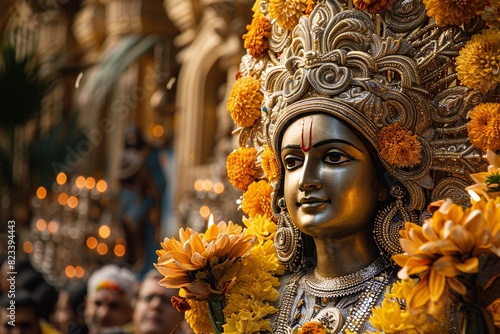 A close-up of the richly decorated float bearing the image of the Lord of the Miracles, adorned with flowers, candles, and gold embellishments, carried by dedicated followers