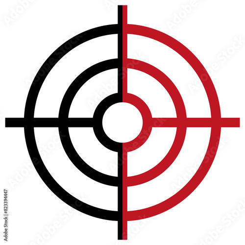  Illustration showing a half black half red shooting target icon on a white background