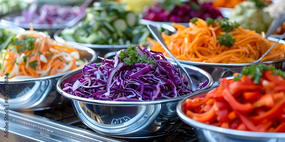 Fototapeta premium Metal bowls filled with colorful vegetable salads displayed at event hall entrance. Concept Event Catering, Salad Display, Colorful Bowls, Healthy Food, Event Decor