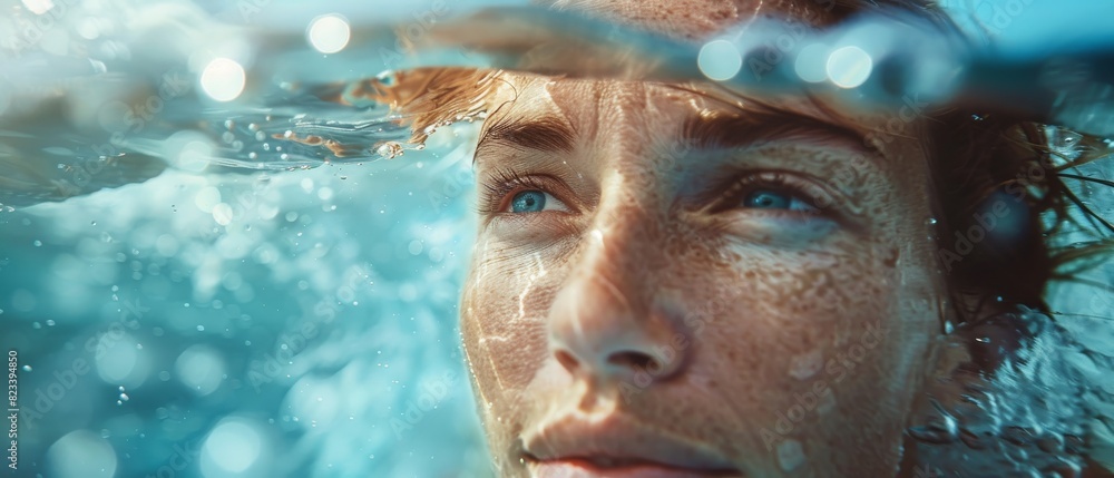 A woman is swimming in a pool with her head above the water A woman is swimming in a pool with her head above the water