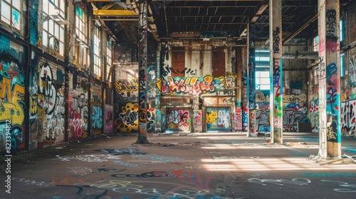 Graffiti covered abandoned factory interior