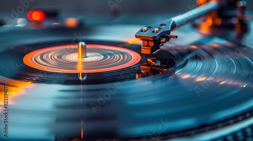 A close-up of a turntable needle on a spinning vinyl record highlighting the details and texture photo