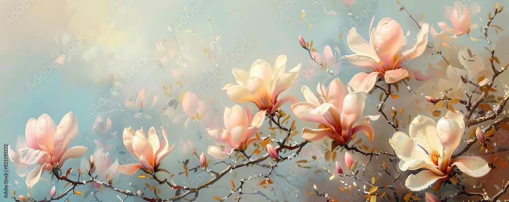 A beautiful painting of blooming magnolia flowers in soft colors and pastel tones with a light background and intricate details shown through delicate brush strokes The painting ha A beautiful painting of blooming magnolia flowers in soft colors and pastel tones with a light background and intricate details shown through delicate brush strokes The painting ha