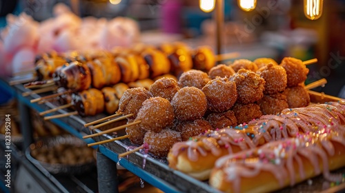 A close-up of delicious, classic festival foods at the Calgary Stampede Festival, including corn dogs, funnel cakes, and cotton candy, all brightly lit and tempting photo