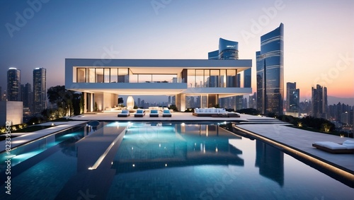 A modern house with a swimming pool and a view of the city.  