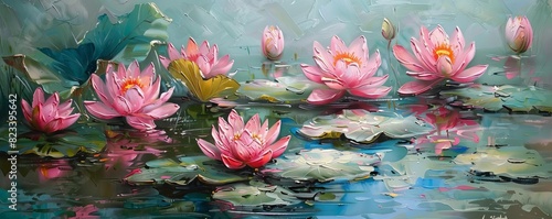 Oil painting of beautiful water lilies in the pond, in the style of impressionism