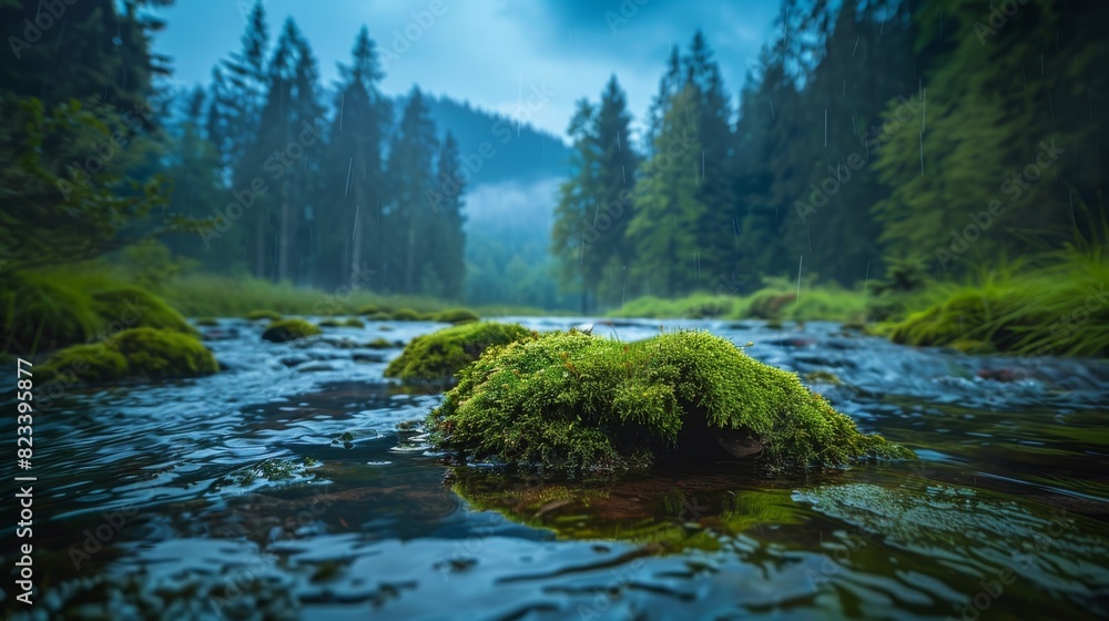 Top of the line CG, surreal photography.Rain-soaked mossy stones at the edge of a forest stream. beautiful, romantic, and beautiful lighting. Blue sky, ultra-high definition, front view, Nikon Top of the line CG, surreal photography.Rain-soaked mossy stones at the edge of a forest stream. beautiful, romantic, and beautiful lighting. Blue sky, ultra-high definition, front view, Nikon