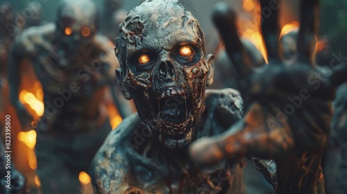 An arresting image of a zombie figure with glowing eyes against a backdrop of flames and fellow undead creatures