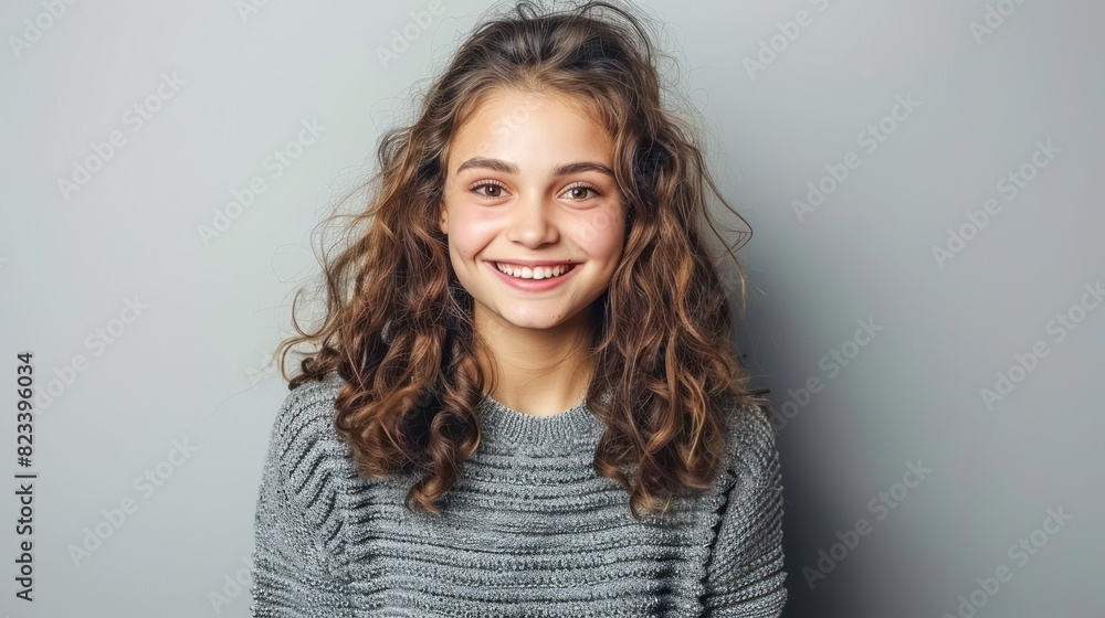 A cheerful young girl with curly hair is smiling while wearing a gray sweater A cheerful young girl with curly hair is smiling while wearing a gray sweater