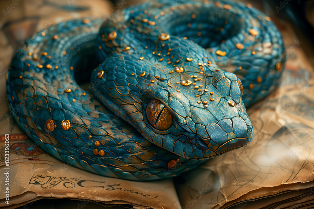 Intricate Blue and Gold Snake Sculpture on Ancient Manuscript. Close-up of an intricate blue and gold snake sculpture resting on an ancient manuscript with detailed designs. Intricate Blue and Gold Snake Sculpture on Ancient Manuscript. Close-up of an intricate blue and gold snake sculpture resting on an ancient manuscript with detailed designs.