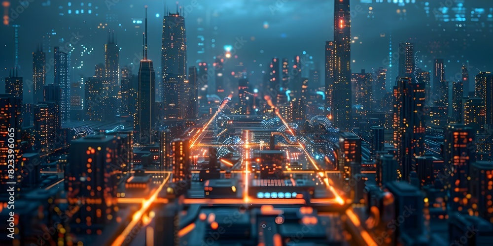 Silicon wafer with glowing circuits symbolizes AIs role in futuristic cityscape. Concept Technology, Artificial Intelligence, Futuristic Cityscape, Silicon Wafer, Glowing Circuits