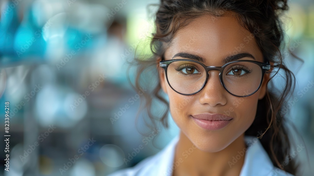 A woman wearing glasses makes eye contact with the camera A woman wearing glasses makes eye contact with the camera