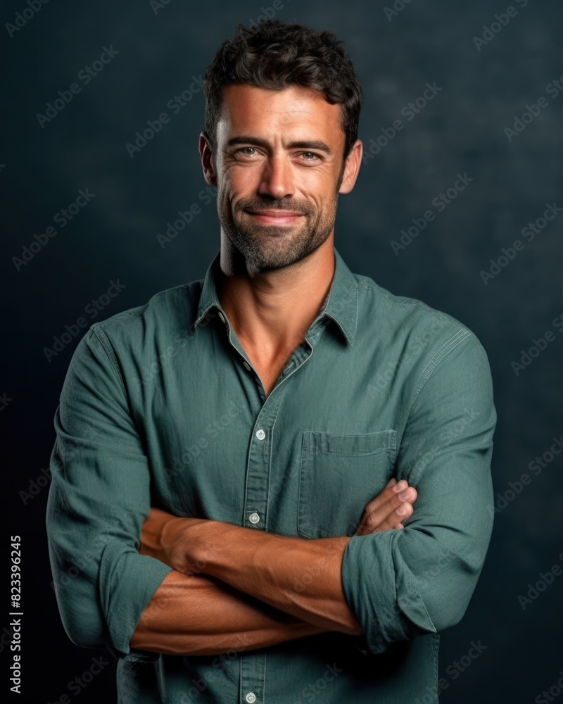 A man in a green shirt stands with his arms crossed A man in a green shirt stands with his arms crossed
