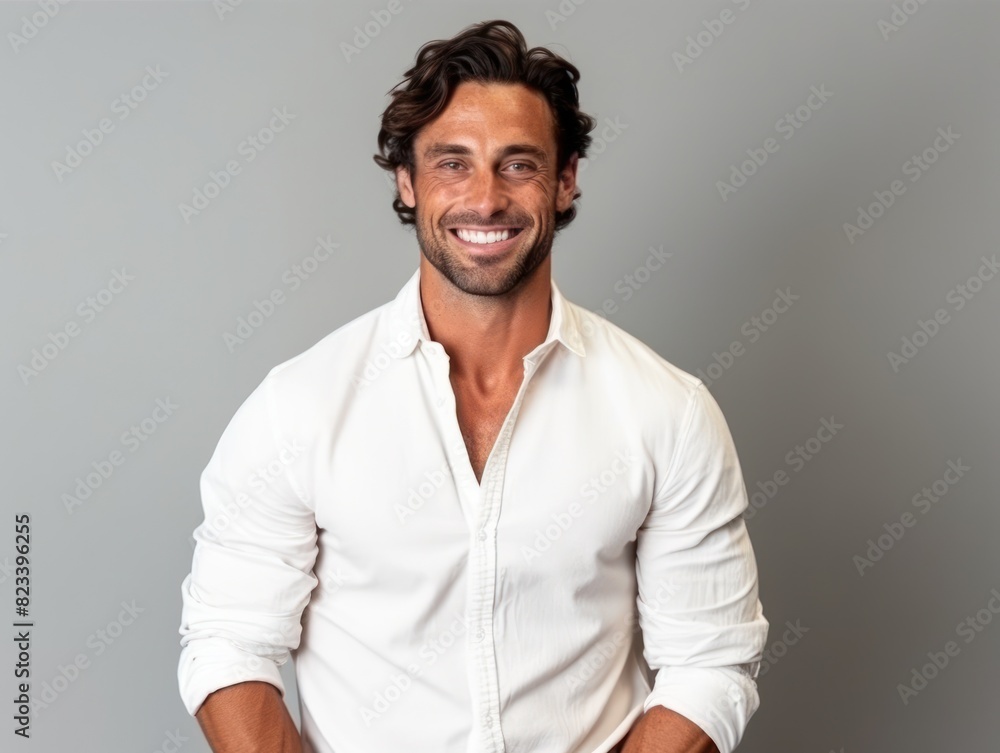 A man with a broad smile stands confidently in a white shirt, posing for a photo A man with a broad smile stands confidently in a white shirt, posing for a photo