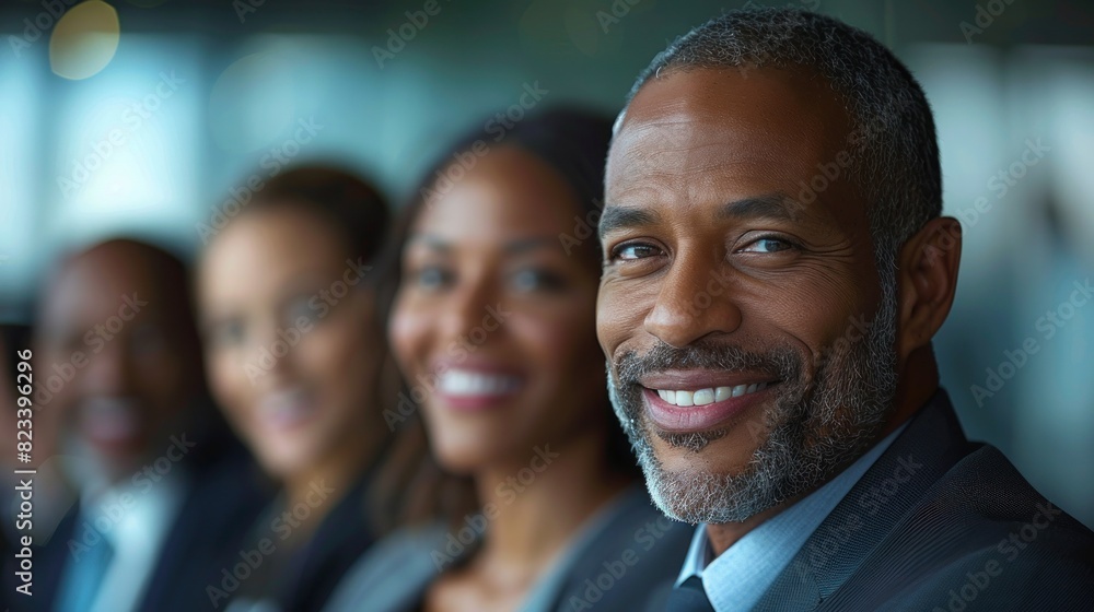 A diverse group of business professionals, including men and women, standing together and smiling for a group photo A diverse group of business professionals, including men and women, standing together and smiling for a group photo