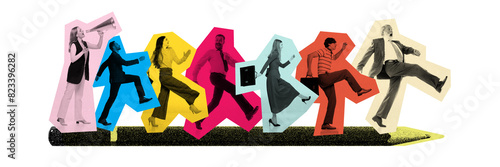 Banner. Contemporary art collage. People in colorful effect go together, while boss motivate them, symbolizing collective effort towards common goal. Concept of business, teamwork, teambuilding. Ad
