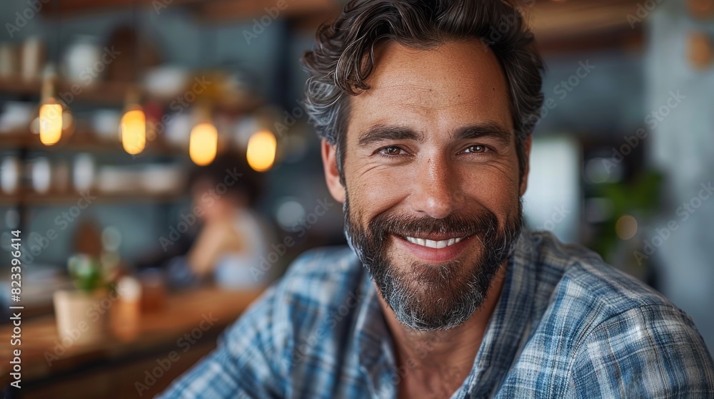 A man with a beard smiling directly at the camera in a close-up shot A man with a beard smiling directly at the camera in a close-up shot