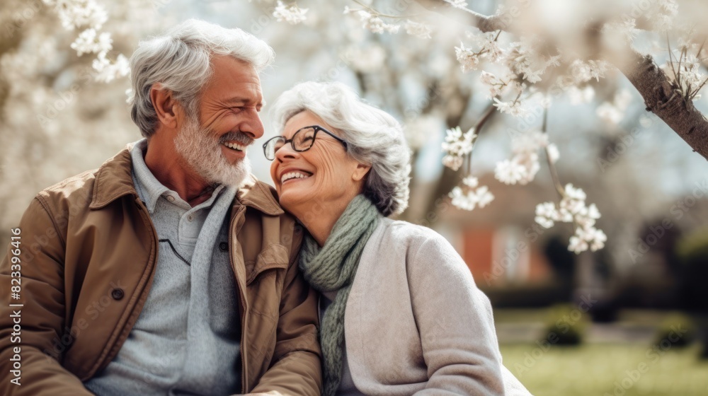 An older man and woman are seated on a bench under a tree, enjoying each others company in a tranquil park setting An older man and woman are seated on a bench under a tree, enjoying each others company in a tranquil park setting