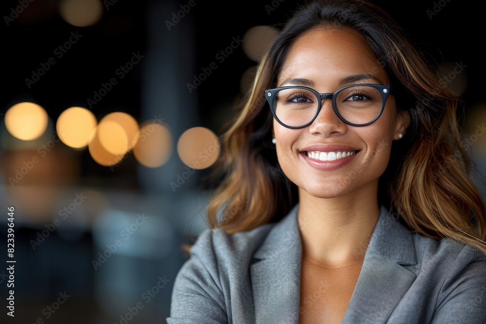 A woman with glasses smiles at the camera in a bright setting A woman with glasses smiles at the camera in a bright setting