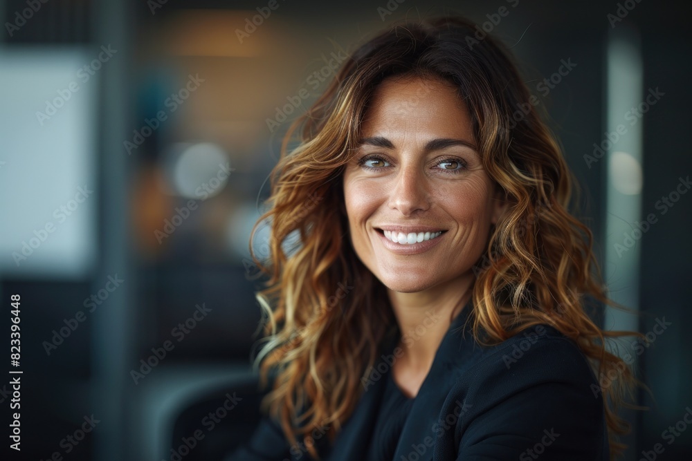 A woman with flowing long hair smiling directly at the camera, exuding joy and confidence A woman with flowing long hair smiling directly at the camera, exuding joy and confidence