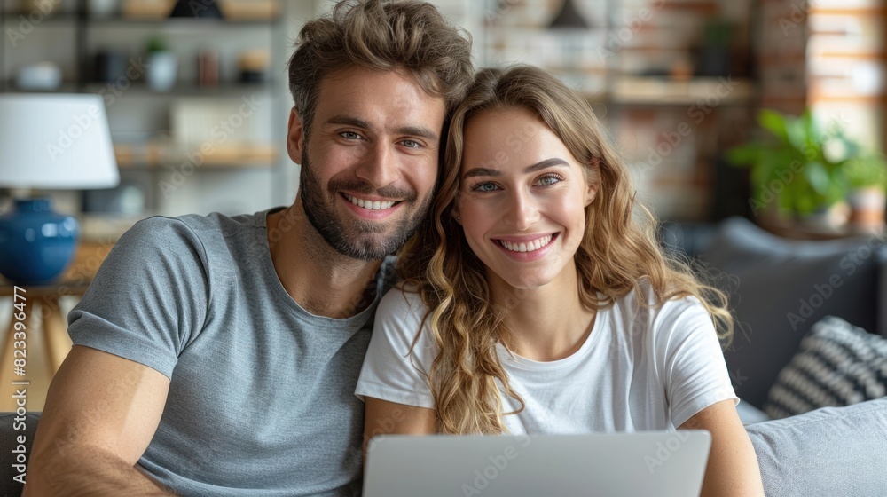 A man and woman are seated on a couch, focusing on a laptop screen in front of them A man and woman are seated on a couch, focusing on a laptop screen in front of them
