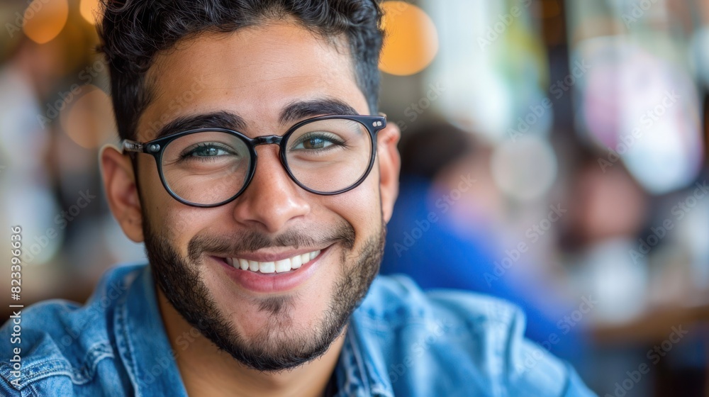A detailed view of a persons face with glasses. The lenses reflect light while the frame sits neatly on the nose A detailed view of a persons face with glasses. The lenses reflect light while the frame sits neatly on the nose