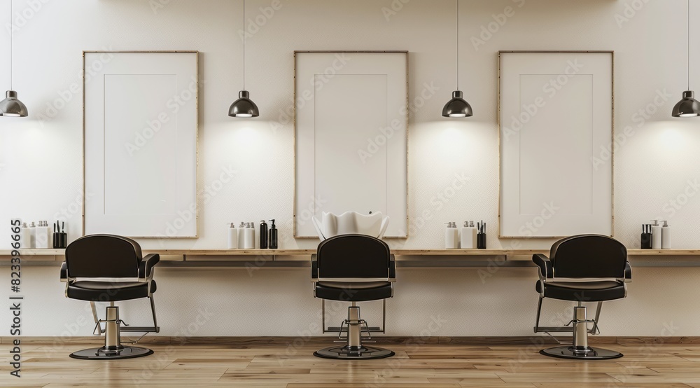 A minimalist and elegant hair salon with three black chairs lined up against the wall, each chair featuring an empty white canvas poster frame hanging above it A minimalist and elegant hair salon with three black chairs lined up against the wall, each chair featuring an empty white canvas poster frame hanging above it