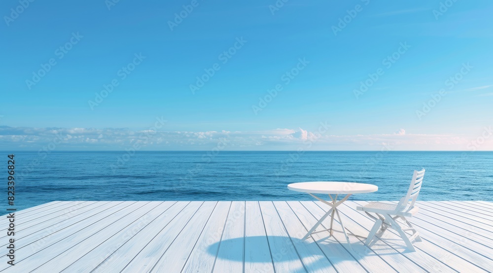 A minimalist coastal scene with an empty white wooden deck overlooking the ocean, featuring a small table and chair for contemplation
