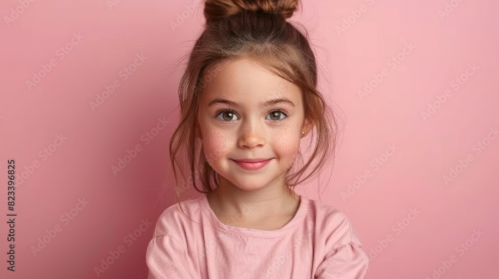 A little girl with a messy bun on her head stands in a casual pose A little girl with a messy bun on her head stands in a casual pose