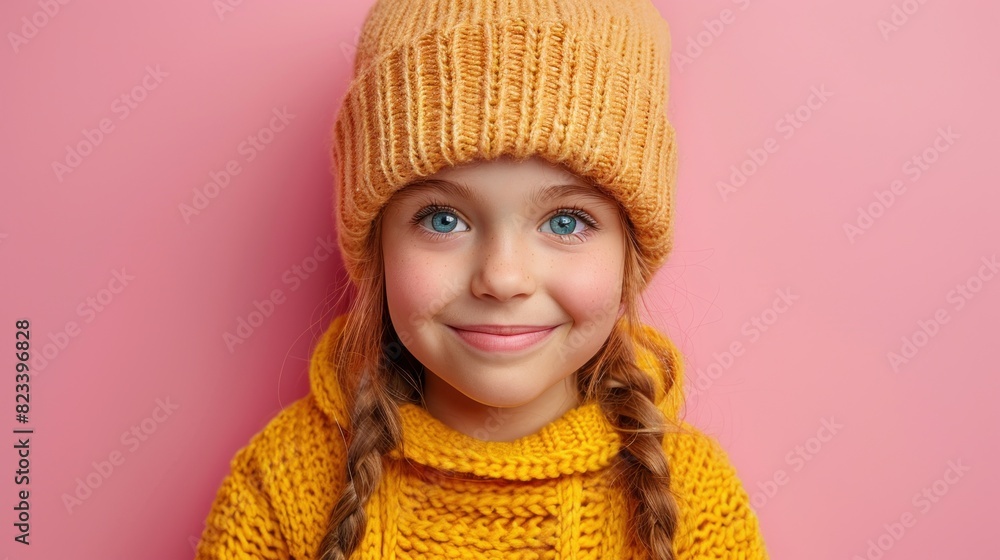 A young girl wearing a yellow knitted hat and scarf A young girl wearing a yellow knitted hat and scarf