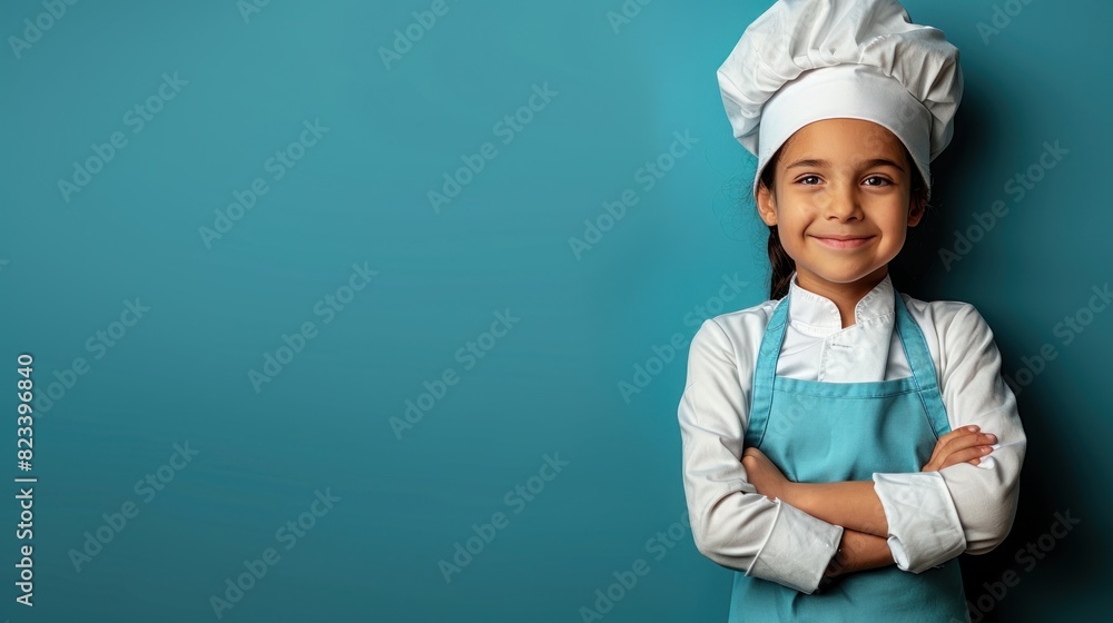 A young girl in a chefs hat and apron stands confidently in a kitchen setting A young girl in a chefs hat and apron stands confidently in a kitchen setting